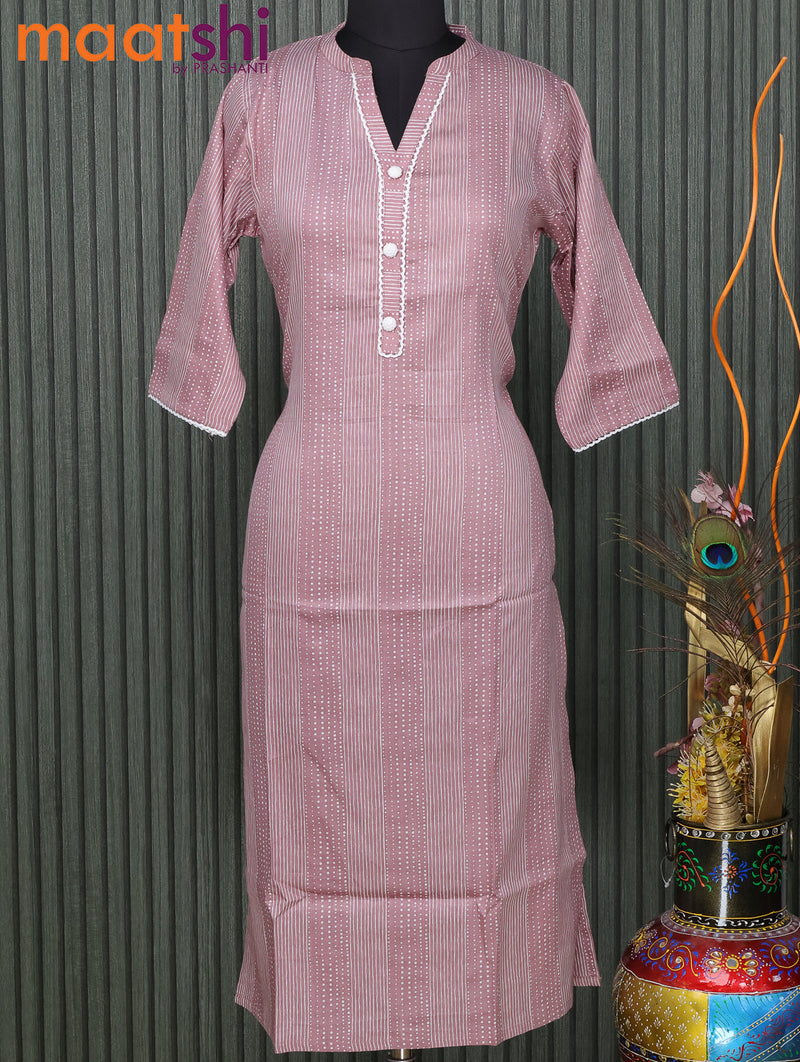 Modal readymade kurti pastel pink shade with allover prints & simple lace neck pattern without pant