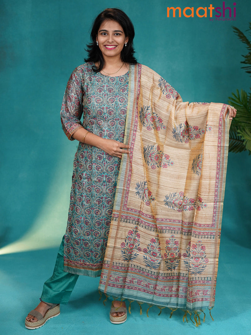 Chanderi readymade kurti set light blue and blue shade with allover prints & embroidery work and straight cut pant & dupatta