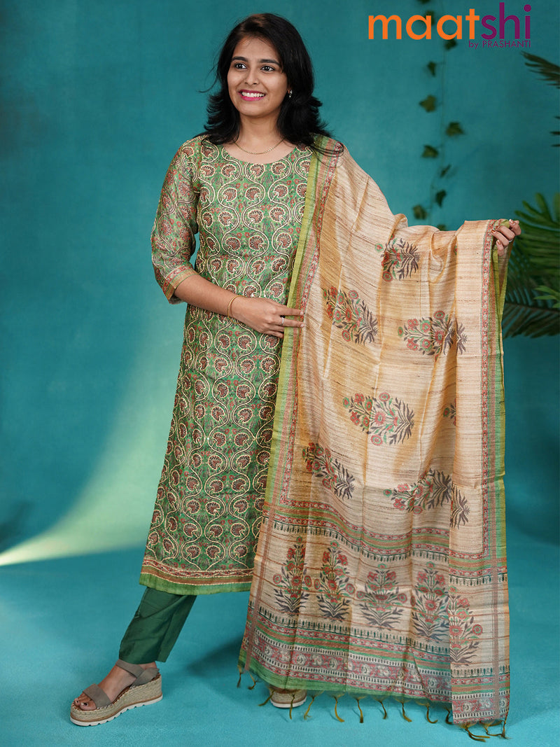 Chanderi readymade kurti set green and dark green with allover prints & embroidery work and straight cut pant & dupatta