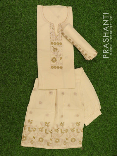 Cotton semi stitched dress material cream with embroided neck pattern and golden printed dupatta