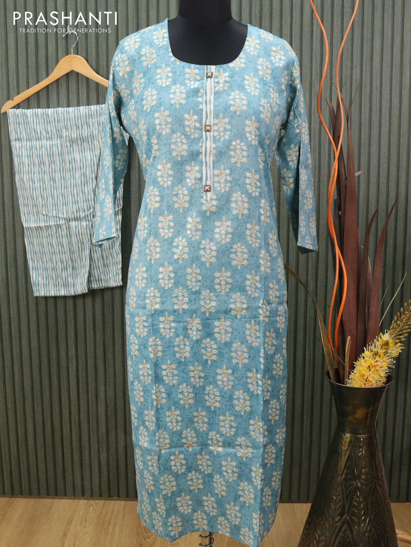 Slub cotton readymade kurti blue shade and off white with allover floral butta prints and straight cut pant