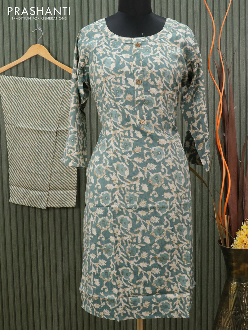 Slub cotton readymade kurti greyish blue and beige with allover batik prints and straight cut pant