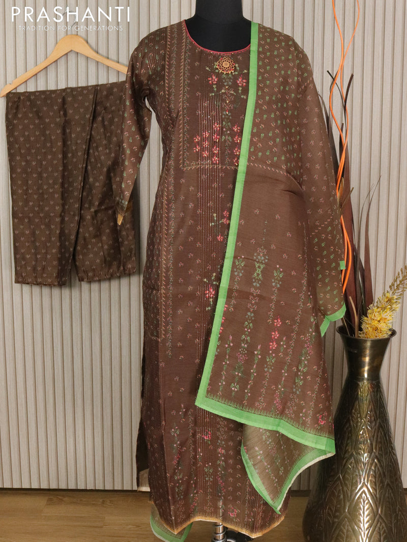 Chanderi readymade kurti dark olive green with allover floral prints & sequence work neck pattern and straight cut pant & printed dupatta