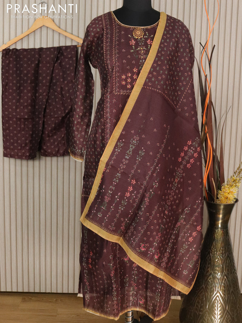 Chanderi readymade kurti brown with allover floral prints & sequence work neck pattern and straight cut pant & printed dupatta