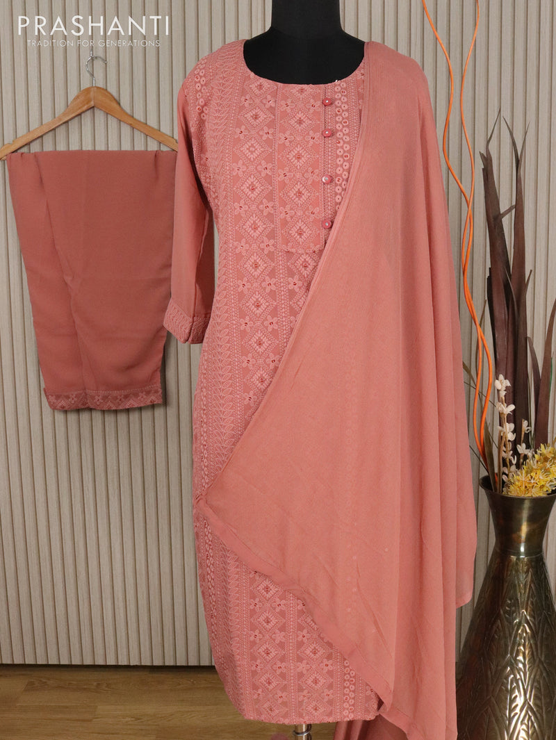 Semi georgette readymade kurti pastel peach with chikankari work and straight cut pant & chiffon dupatta