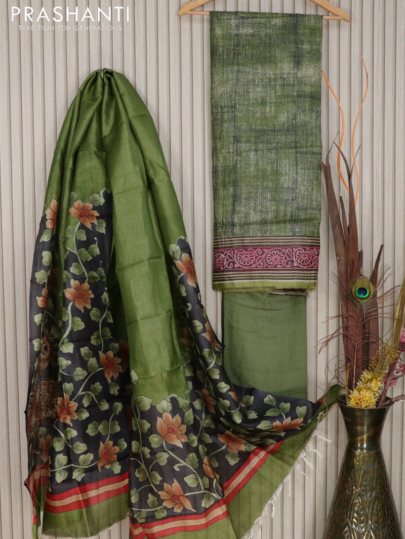 Pure tussar silk dress material mehendi green with allover design and kalamkari printed dupatta