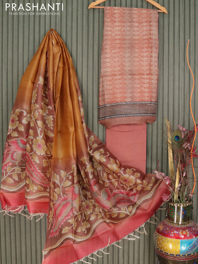 Pure tussar silk dress material pastel brown and beige with allover geometric design and kalamkari printed dupatta