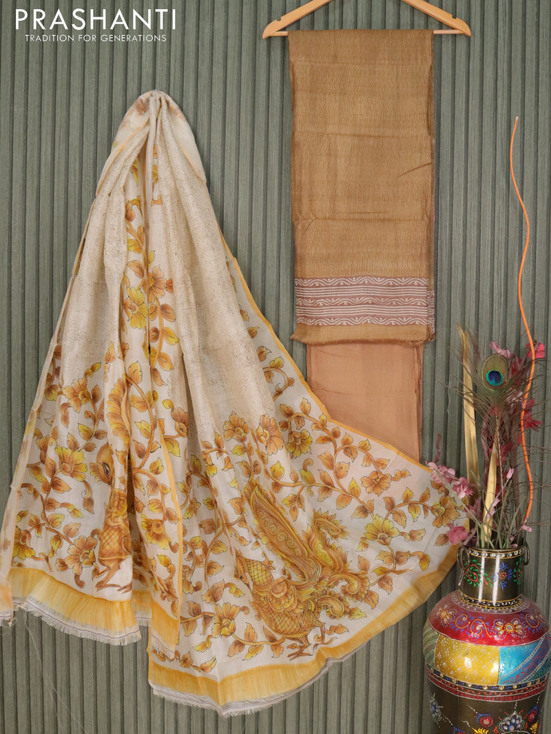 Pure tussar silk dress material off white and sandal with allover design and kalamkari printed dupatta