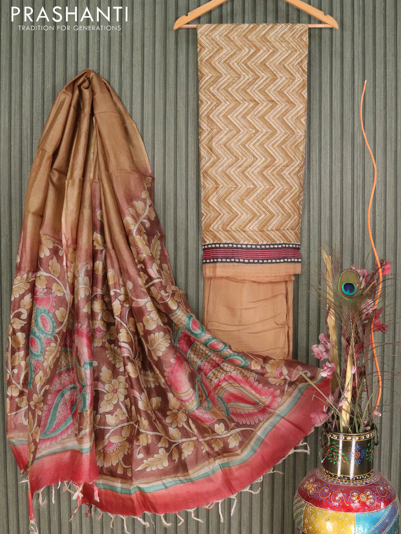 Pure tussar silk dress material khaki shade and pastel brown with allover zig zag design and kalamkari printed dupatta