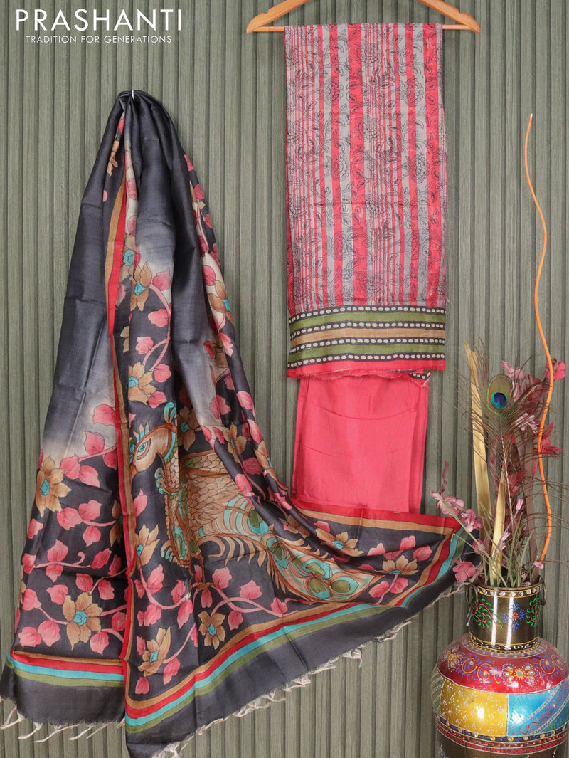 Dress Material In Cotton Silk With Kalamkari Print All Over | Mystic Weaves