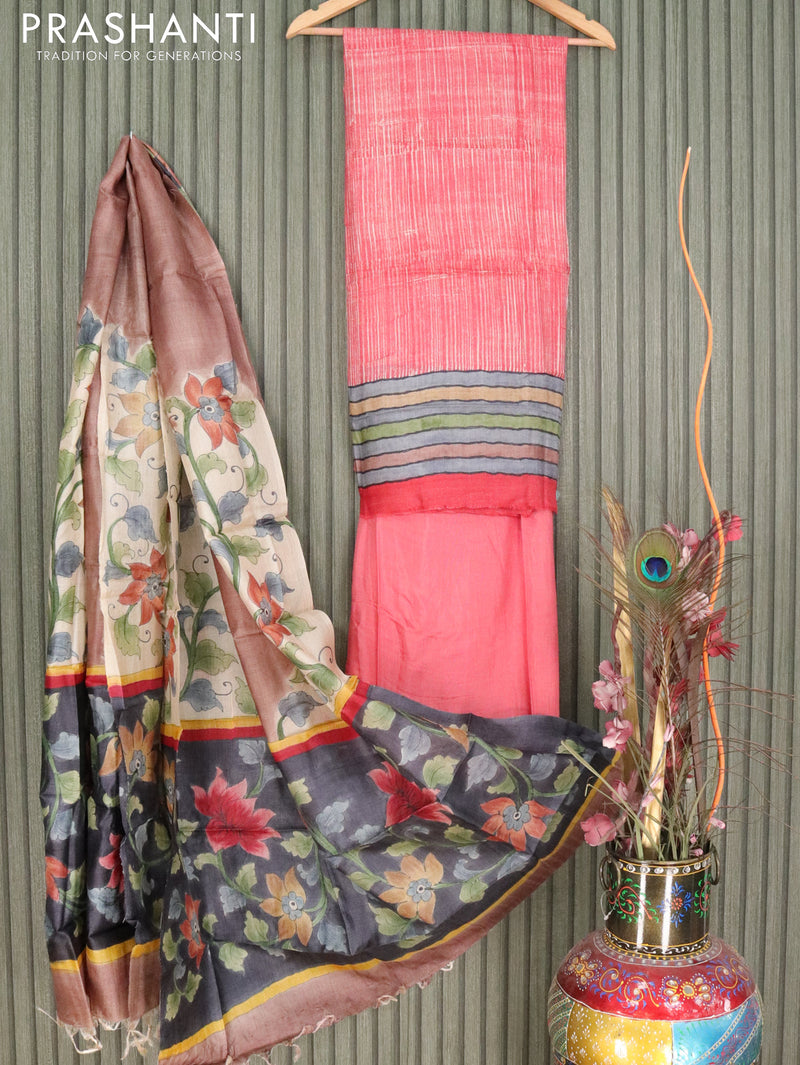 Pure tussar silk dress material red shade and pastel brown with allover design and kalamkari printed dupatta
