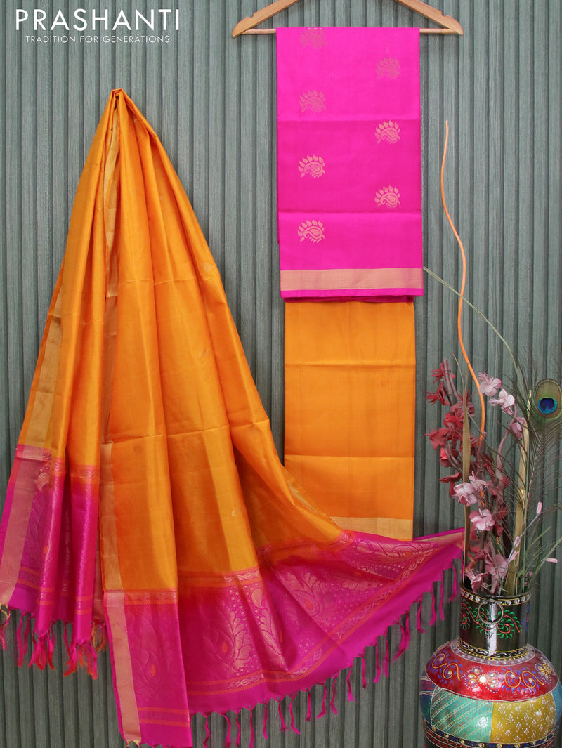 Pure silk dress material pink and mustard yellow with zari woven buttas and zari woven border