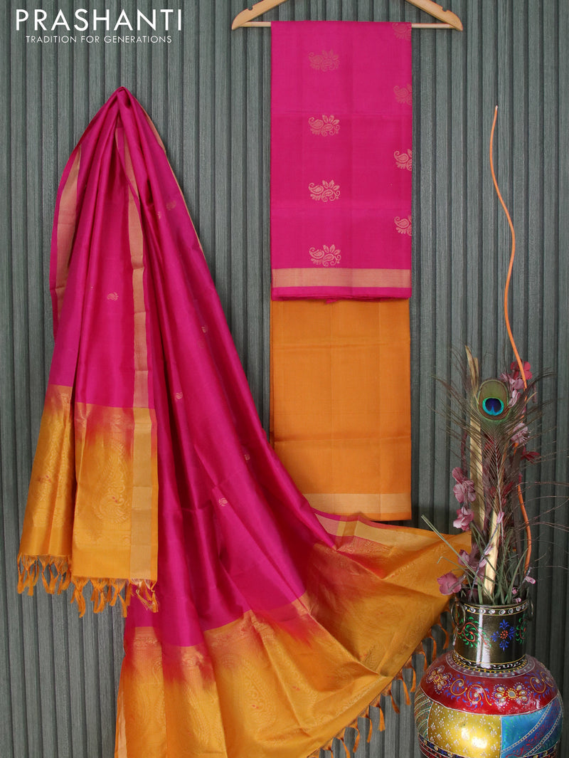 Pure silk dress material mustard yellow and pink with zari woven paisley buttas and zari woven border
