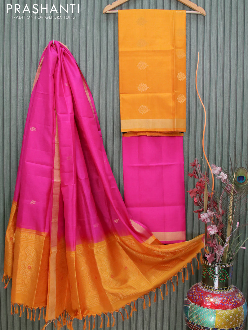 Pure silk dress material mustard yellow and pink with zari woven buttas and zari woven border