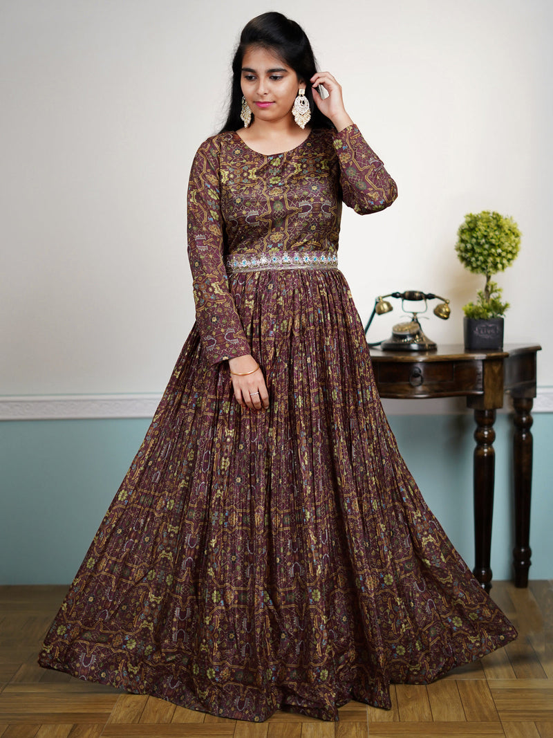 Chanderi floor length cancan dress maroon with allover prints & hip belt without pant