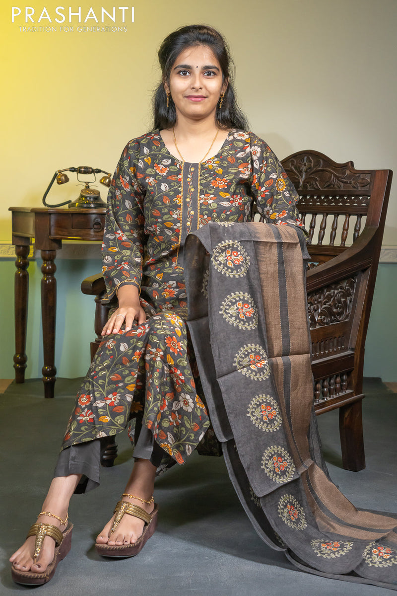 Modal readymade kurti dark grey with allover kalamkari prints and straight cut pant & dupatta