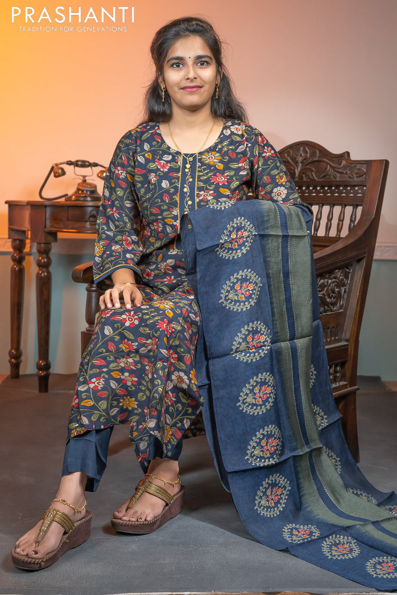 Modal readymade kurti navy blue with allover kalamkari prints and straight cut pant & dupatta