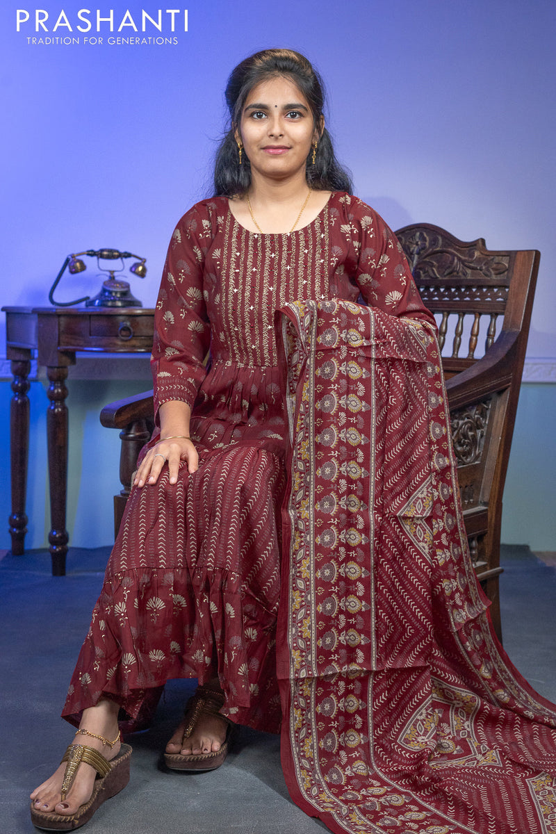 Muslin readymade umbrella kurti red with allover prints & embroidery mirror work neck pattern and straight cut pant & dupatta