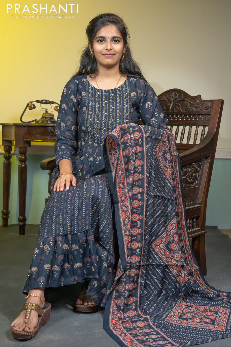 Muslin readymade umbrella kurti navy blue with allover prints & embroidery mirror work neck pattern and straight cut pant & dupatta