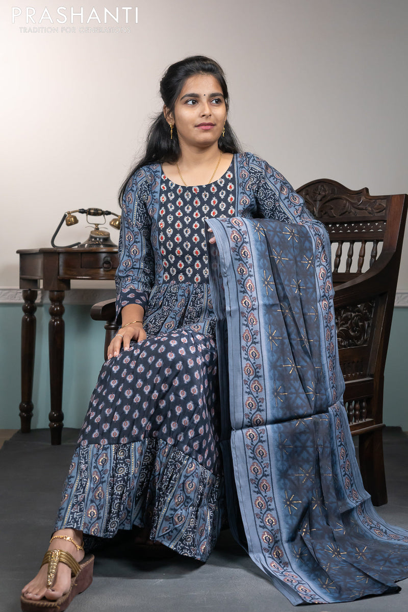 Muslin readymade umbrella kurti navy blue with allover prints & mirror work embroidery neck pattern and straight cut pant & dupatta
