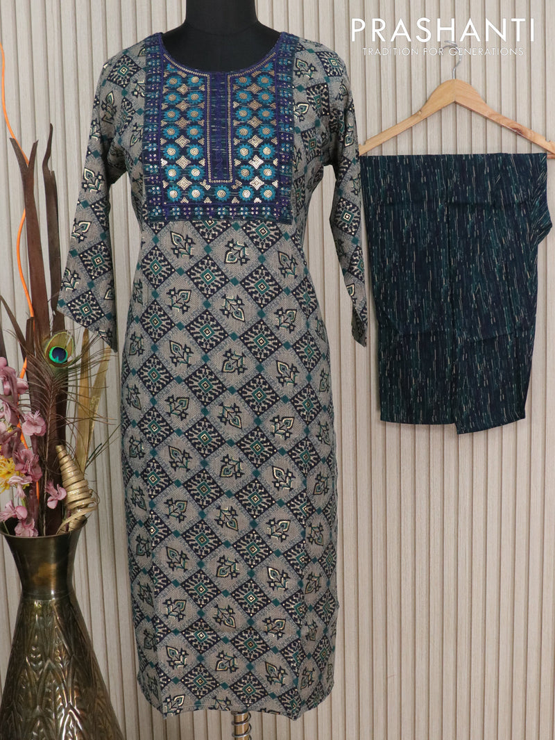 Cotton readymade kurti grey and navy blue with allover prints & embroidery neck pattern and straight cut pant