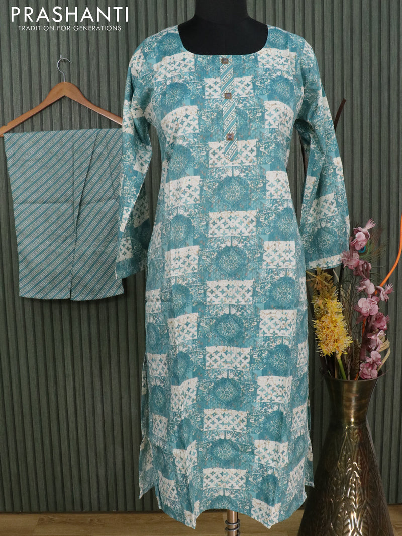 Slub cotton readymade kurti blue shade with allover prints and straight cut pant