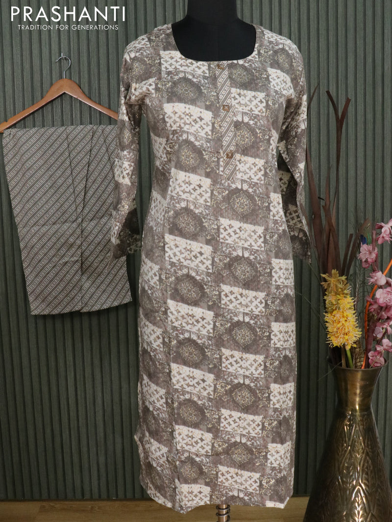 Slub cotton readymade kurti grey with allover prints and straight cut pant