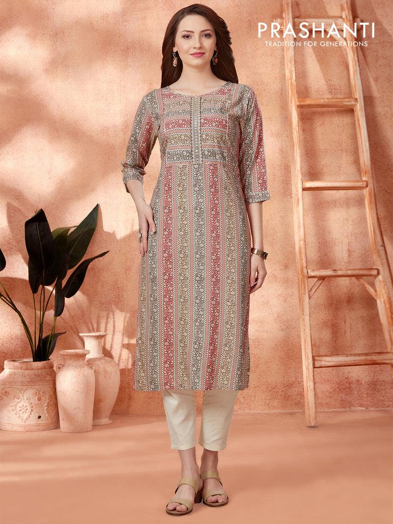Cotton readymade kurti pastel peach with allover prints & lace work neck pattern without pant