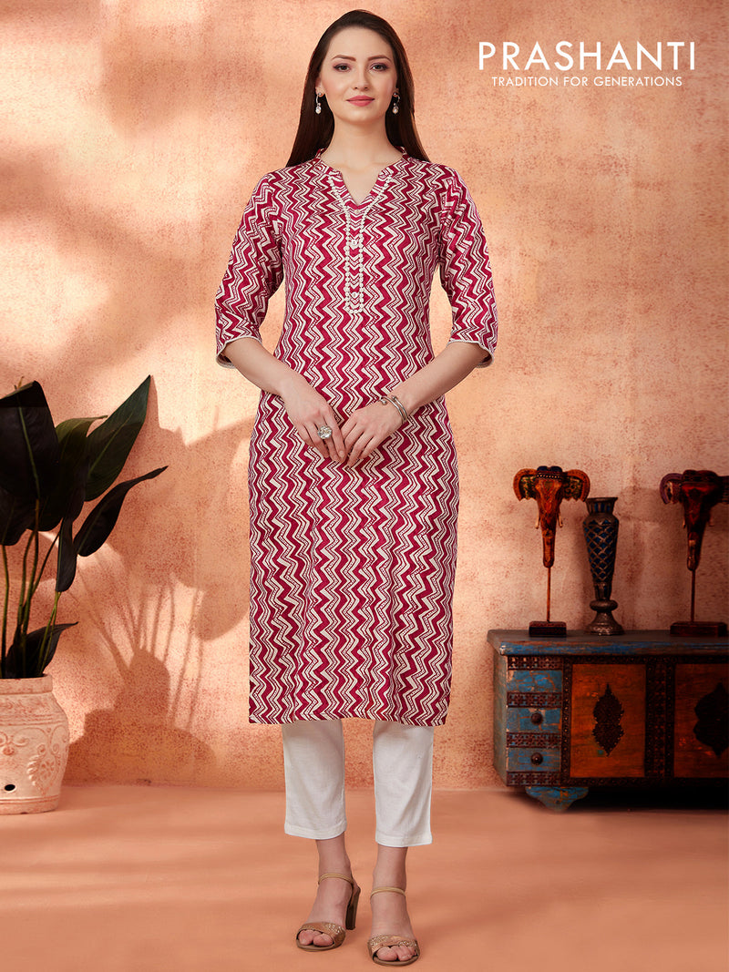 Modal readymade kurti off white and pink with allove zig zag weaves & croatia lace nack pattern without pant