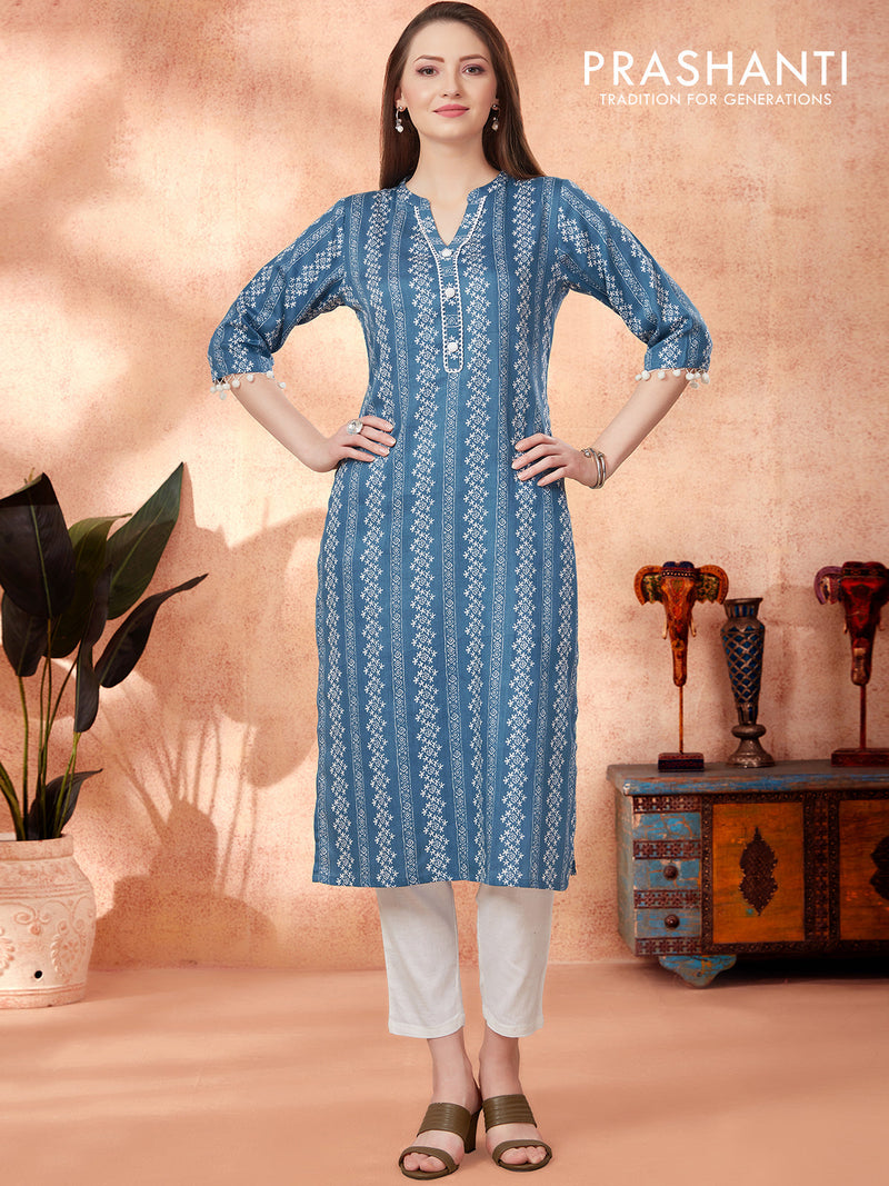 Modal readymade kurti blue with allover prints & lace neck pattern without pant