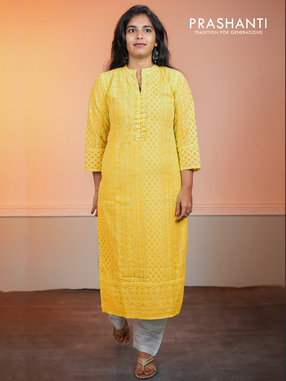 Semi georgette readymade kurti yellow with chikankari work without pant