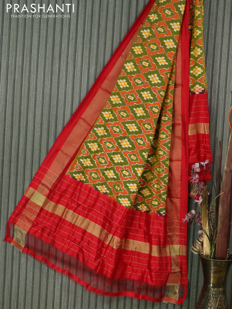 Pure silk dupatta dual shade of yellowish green and red with allover ikat weaves and zari woven border