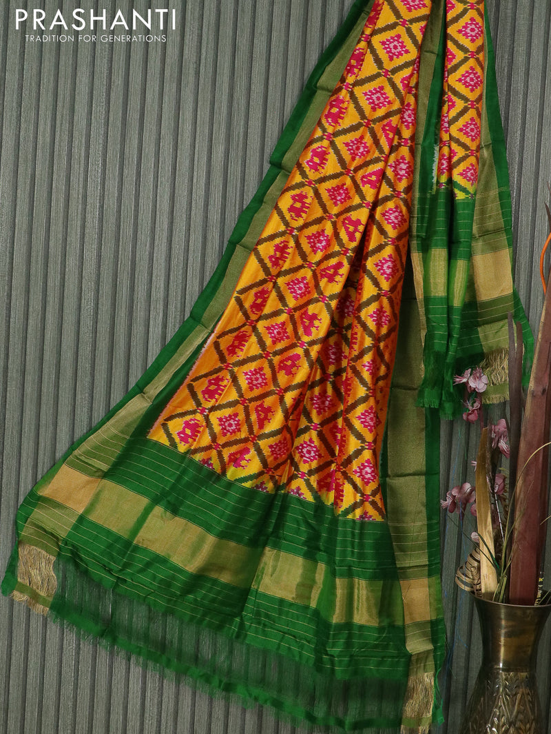 Pure silk dupatta yellow and green with allover ikat weaves and zari woven border