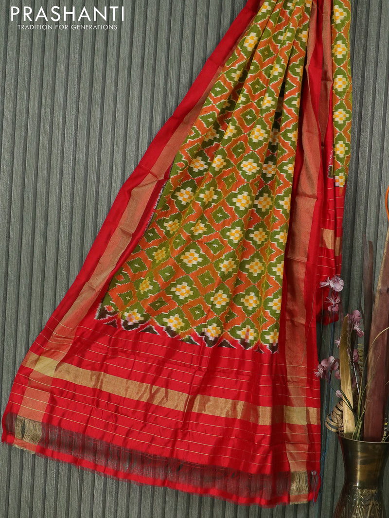 Pure silk dupatta dual shade of yellowish green and red with allover ikat weaves and zari woven border