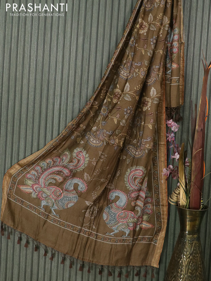 Soft cotton dupatta chikku shade with kalamkari prints and zari woven border
