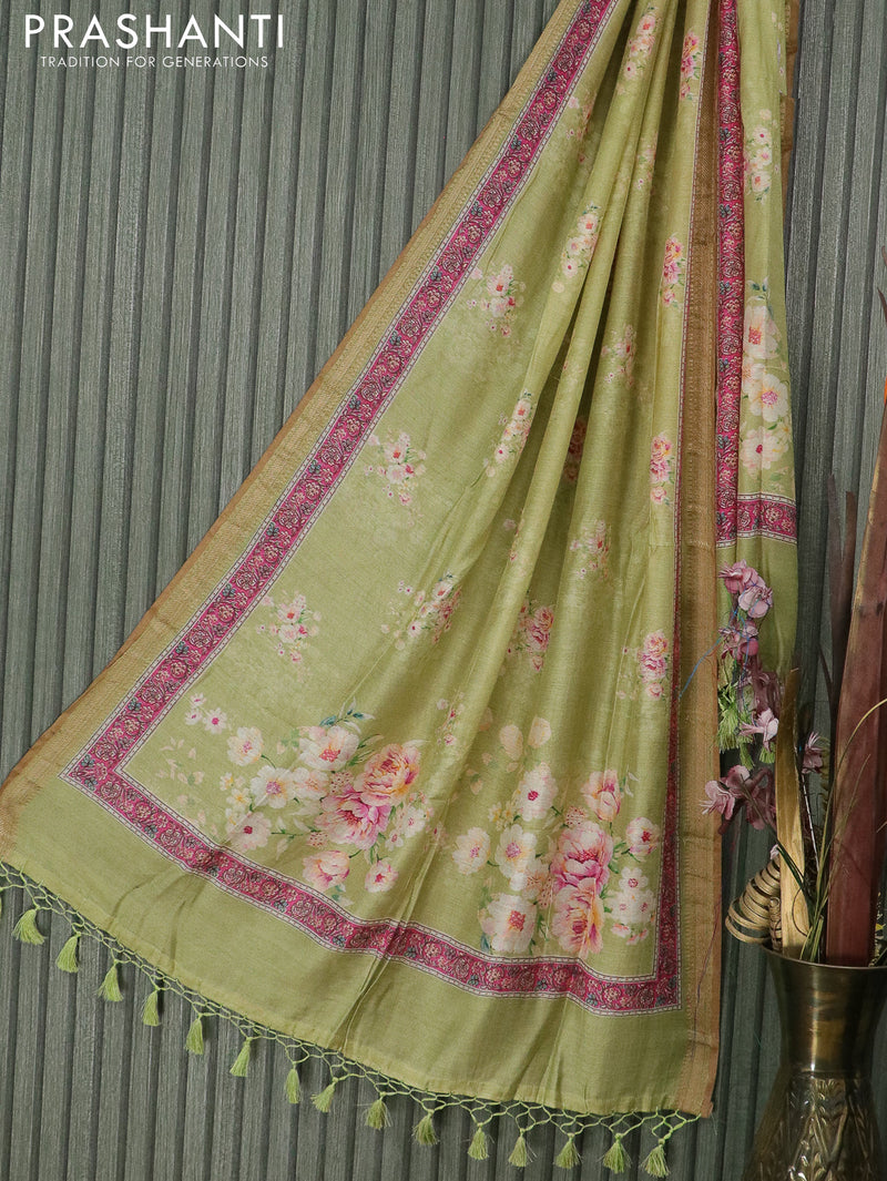 Soft cotton dupatta light green shade with allover floral prints and zari woven border