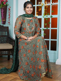 Chanderi readymade floor length kurti set green with allover floral prints & embroided neck pattern and straight cut pant & dupatta