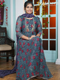 Chanderi readymade floor length kurti set blue with allover floral prints & embroided neck pattern and straight cut pant & dupatta