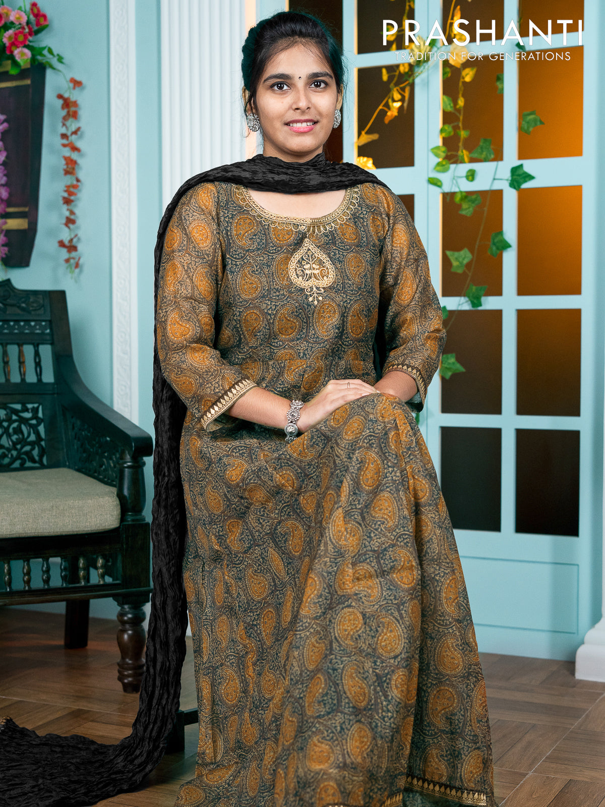 Chanderi readymade floor length kurti set black and mustard with allover prints & embroided neck pattern and straight cut pant & dupatta