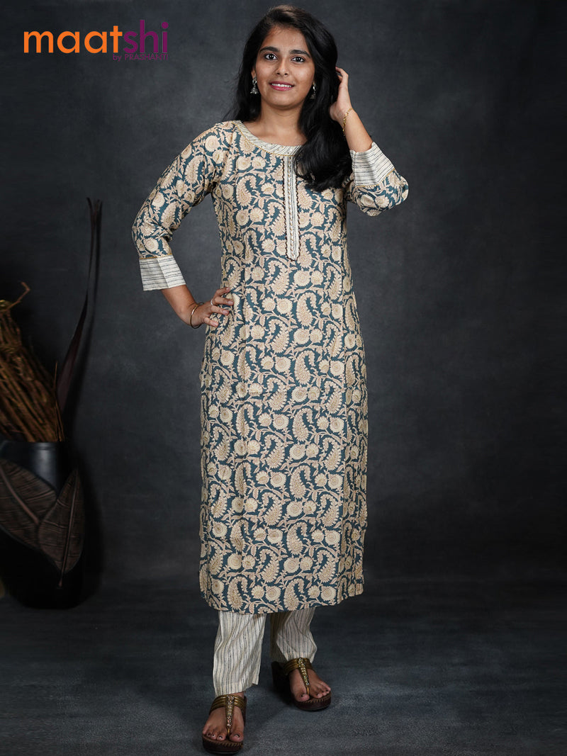 Muslin readymade kurti blue and beige with allover kalamkari prints & gotapatti lace work neck pattern and straight cut pant