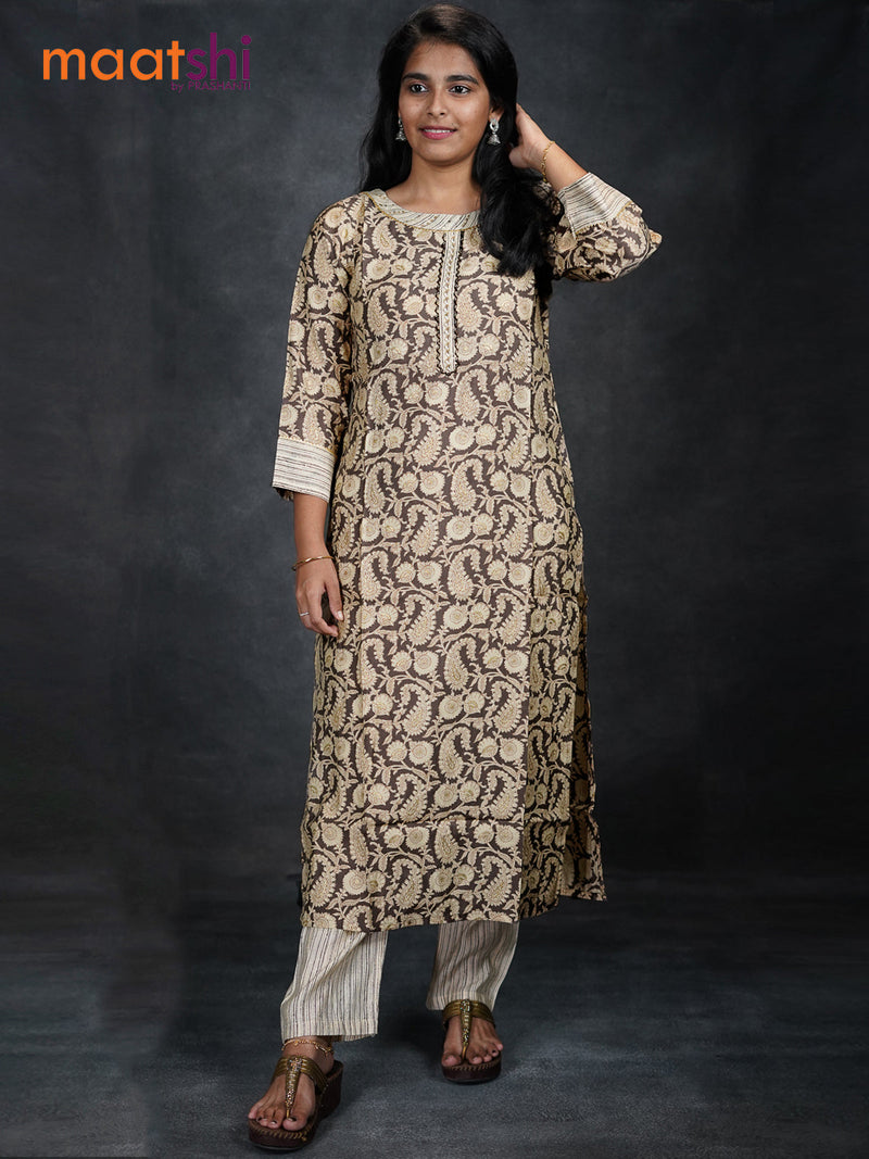 Beige Kalamkari Printed Cotton Silk Asymmetrical Dress – TJORI