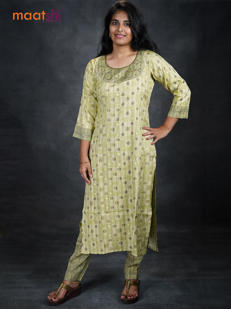 Rayon readymade kurti pista green with allover prints & gotapatti lace neck pattern and straight cut pant