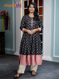 Rayon readymade umbrella kurti black with allover prints & silmple patch work neck pattern without pant