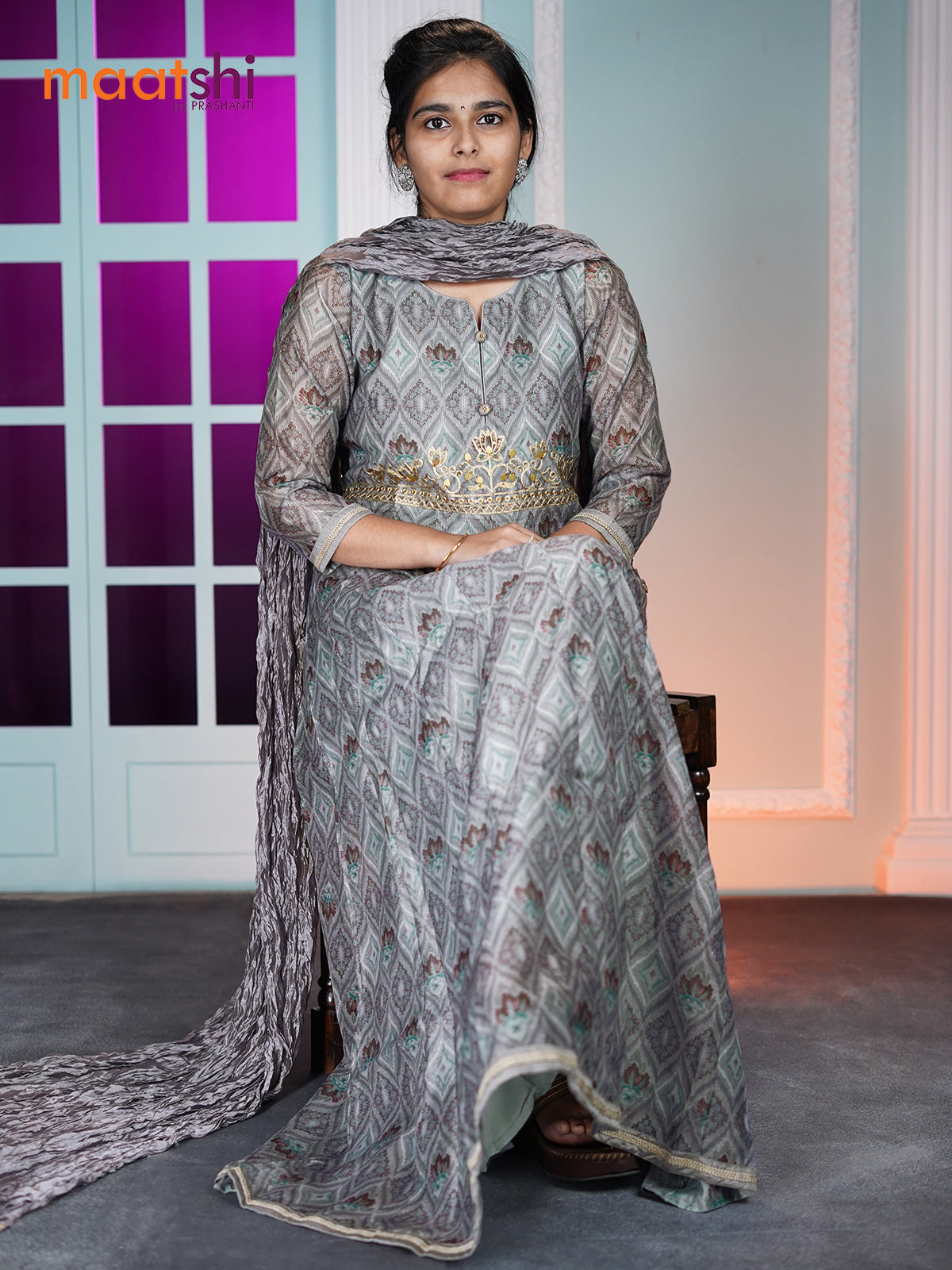 Chanderi readymade floor length kurti set grey with allover floral prints & embroidery work and straight cut pant & dupatta