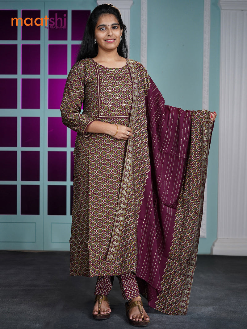 Muslin readymade kurti set dark magenta with allover prints & sequence work neck pattern and straight cut pant & dupatta