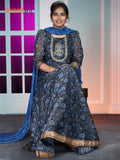 Chanderi readymade floor length kurti set elephant grey and blue with allover floral prints & embroidery work and straight cut pant & dupatta