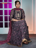 Chanderi readymade floor length kurti set elephant grey with allover floral prints & embroidery work and straight cut pant & dupatta