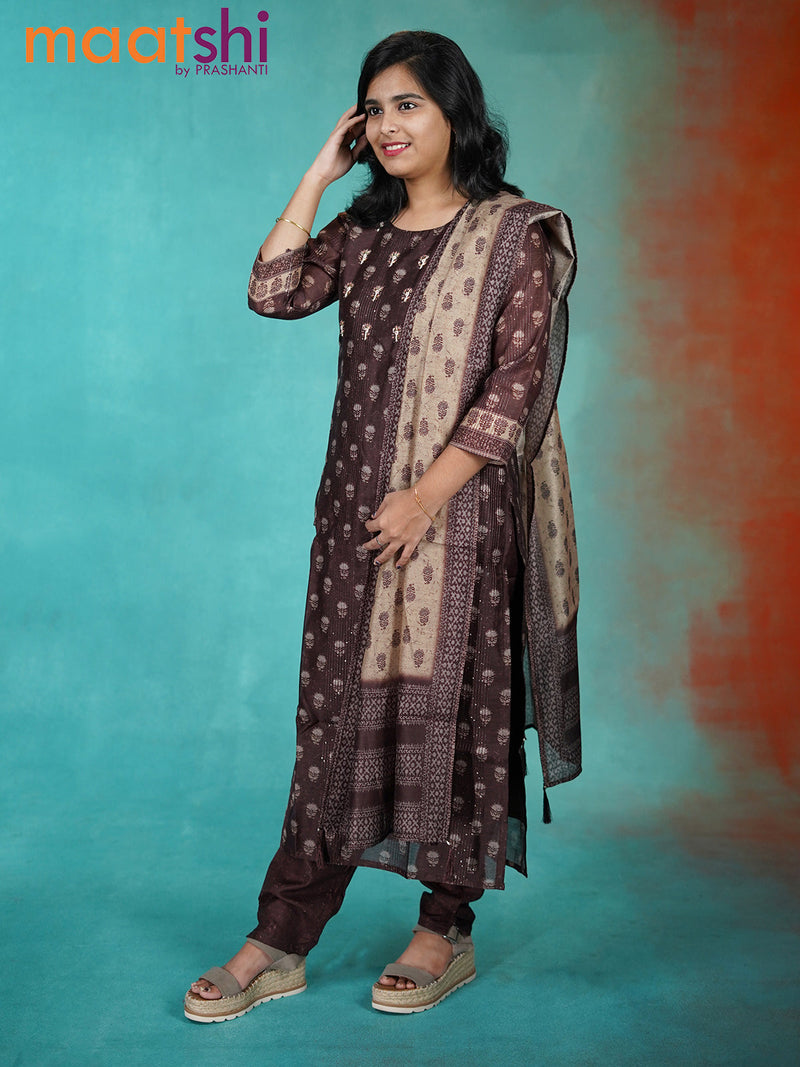 Chanderi readymade kurti set coffee brown with allover floral prints sequin & beaded work neck pattern and straight cut pant & printed dupatta