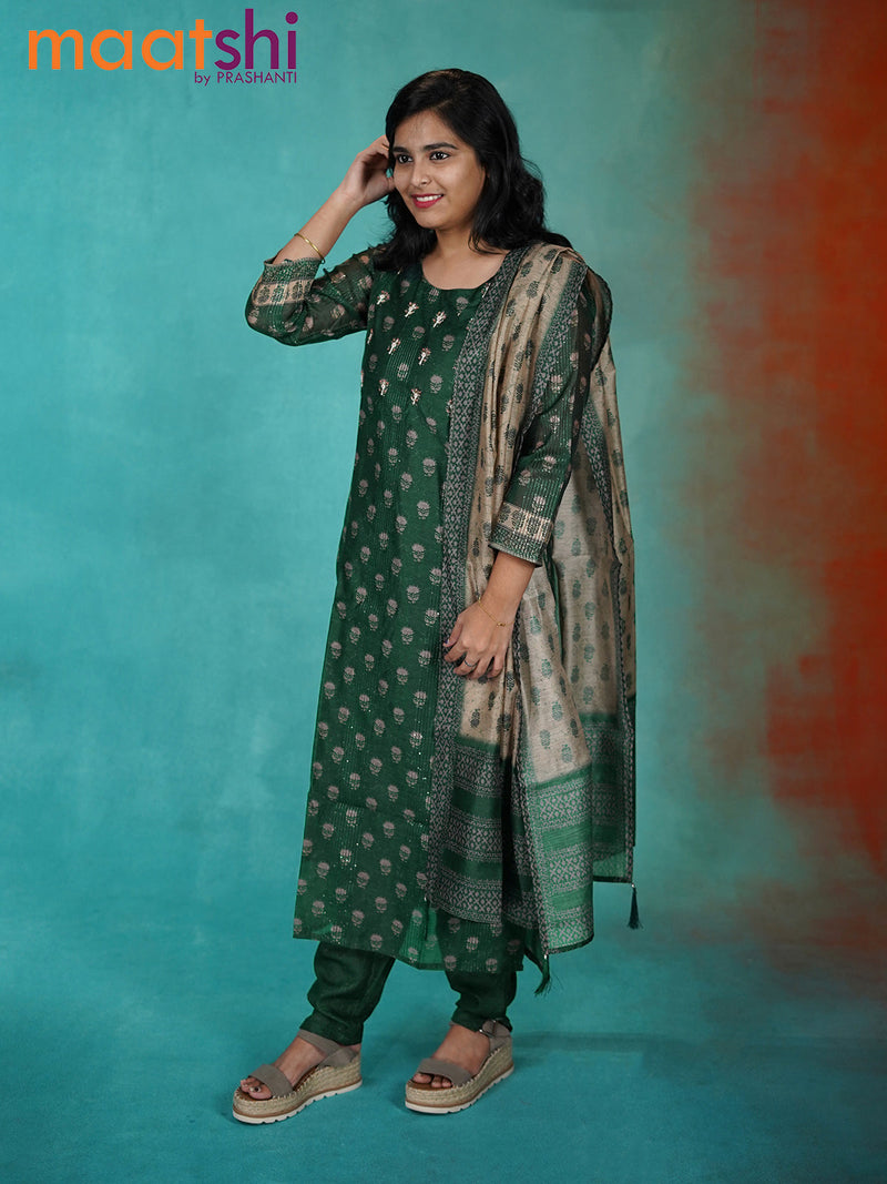 Chanderi readymade kurti set dark green with allover floral prints sequin & beaded work neck pattern and straight cut pant & printed dupatta