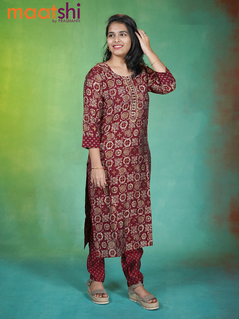 Modal readymade kurti maroon with allover geometric buttas & embroidery work neck pattern and straight cut pant
